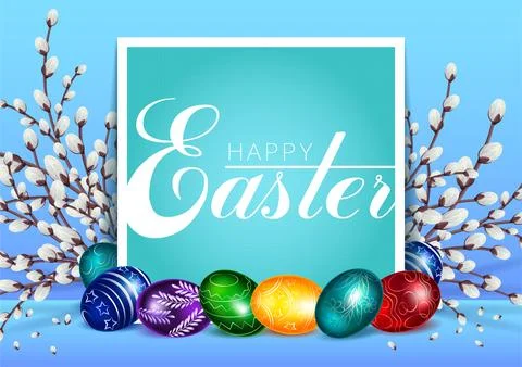 A congratulatory card or a banner with Easter eggs near a bright poster Stock-Illustration