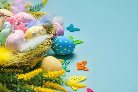 Congratulatory easter background. Background with copy space. Selective focus Stock Photos