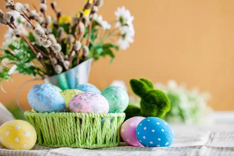 Congratulatory easter background. Background with copy space. Selective focus Stock Photos