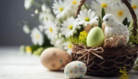 A congratulatory Easter background with Easter eggs and flowers, perfect fo.. Stock Illustration