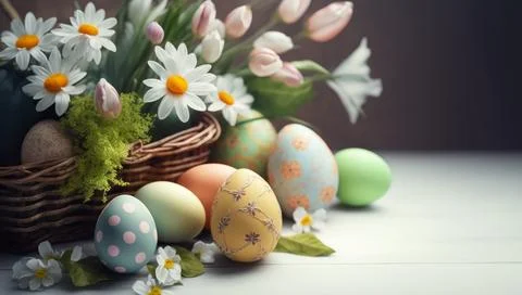 A congratulatory Easter background with Easter eggs and flowers, perfect fo.. Stock Illustration