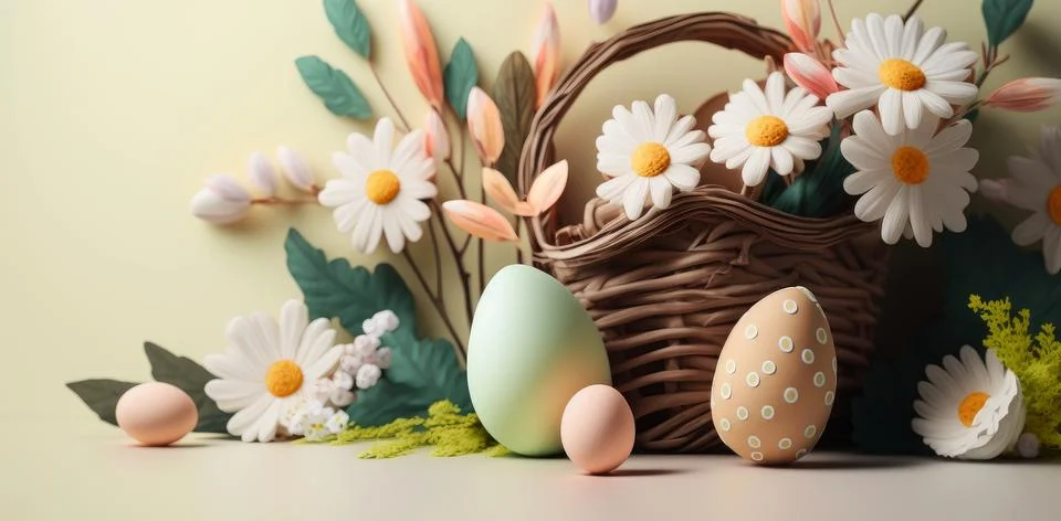 A congratulatory Easter background with Easter eggs and flowers, perfect fo.. 스톡 일러스트