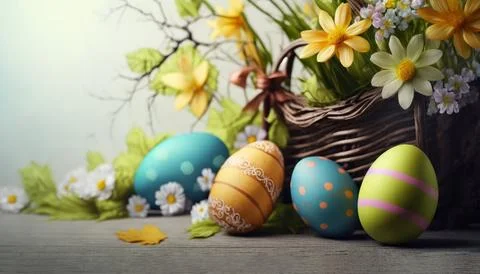 A congratulatory Easter background with Easter eggs and flowers, perfect fo.. 스톡 일러스트