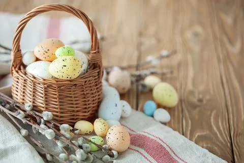 Congratulatory easter background. Easter eggs and flowers. Selective focus. Top Foto stock