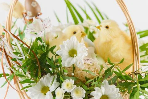 Congratulatory easter background. Easter eggs and flowers. Happy Easter. Foto stock