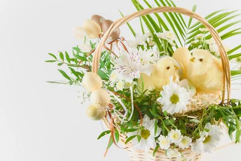 Congratulatory easter background. Easter eggs and flowers. Happy Easter. Stock Photos