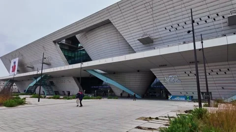 Congress Palace as modern architectural structure with angular design, Paris Stock Footage 303411645