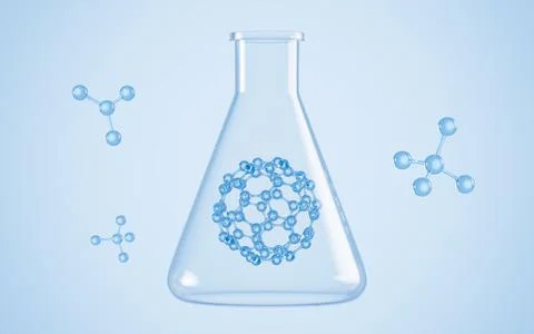 Conical bottles and spherical molecules in the lab, 3d rendering. Stock Illustration