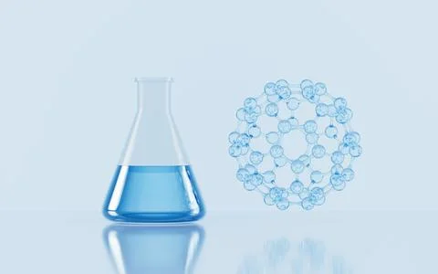 Conical bottles and spherical molecules in the lab, 3d rendering. Stock Illustration