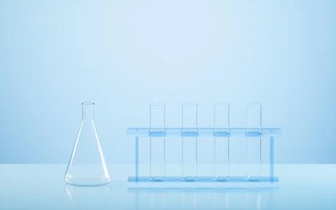 Conical bottles and test tubes in the lab, 3d rendering. Illustrazione stock