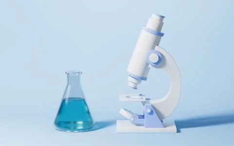 Conical flask and microscope with blue background, 3d rendering. Stock Illustration