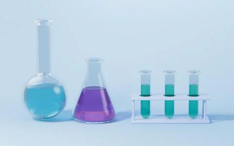 Conical flask and test tubes with blue background, 3d rendering. Illustrazione stock