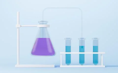 Conical flask is connected to the test tube through a pipe, 3d rendering. Illustrazione stock