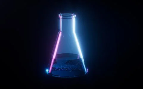 Conical flask with dark neon light effect, 3d rendering. Stock Illustration