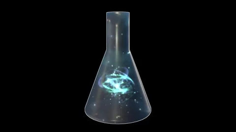 Conical flask with glowing energy orbiting nucleus inside. 3d animation render Video stock 277219780