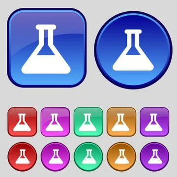 Conical Flask icon sign. A set of twelve vintage buttons for your design. Vec Illustrazione stock