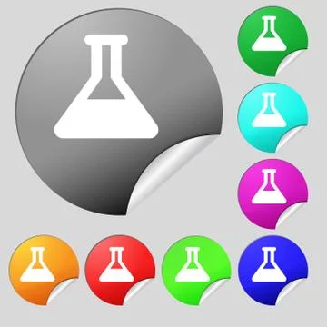 Conical Flask  icon sign. Set of eight multi-colored round buttons, stickers. Stock Illustration