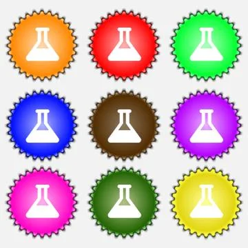 Conical Flask icon sign. A set of nine different colored labels. Stock Illustration