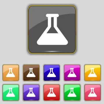 Conical Flask icon sign. Set with eleven colored buttons for your site. Stock Illustration