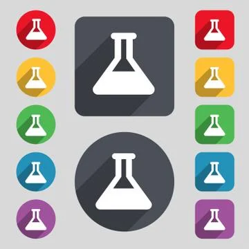 Conical Flask icon sign. A set of 12 colored buttons and a long shadow. Flat des Stock Illustration