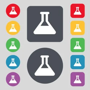 Conical Flask icon sign. A set of 12 colored buttons. Flat design. Illustrazione stock