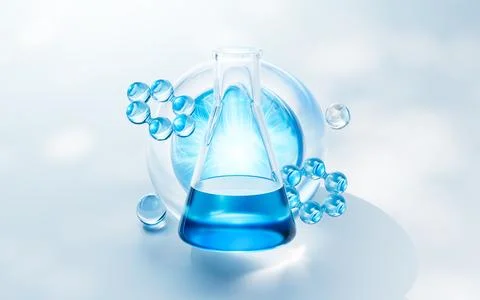 Conical flask with transparent blue bubbles, 3d rendering. Stock Illustration