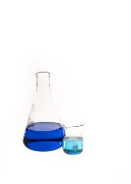Conical flat flask and Berzelius Beaker filled with colorful blue and teal Stock Photos