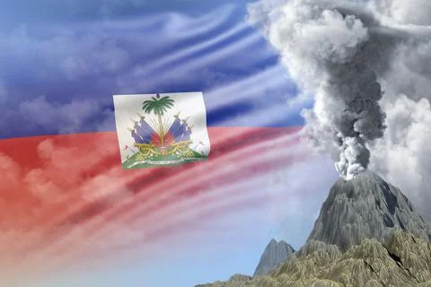 Conical volcano blast eruption at day time with white smoke on Haiti flag Stock Illustration