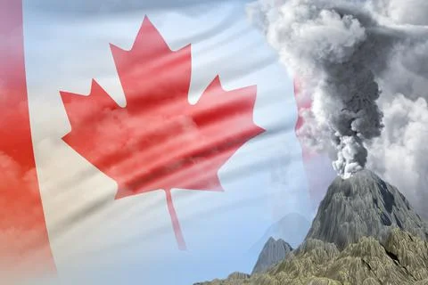 Conical volcano blast eruption at day time with white smoke on Canada flag Stock Illustration