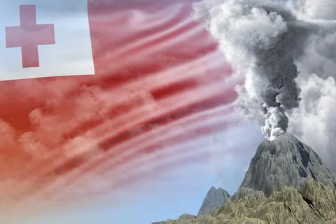 Conical volcano blast eruption at day time with white smoke on Tonga flag 스톡 일러스트