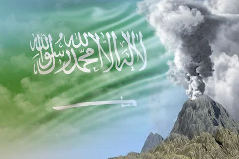 Conical volcano blast eruption at day time with white smoke on Saudi Arabia Stock Illustration