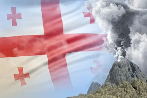 Conical volcano blast eruption at day time with white smoke on Georgia flag Stock Illustration