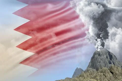 Conical volcano blast eruption at day time with white smoke on Bahrain flag Stock Illustration