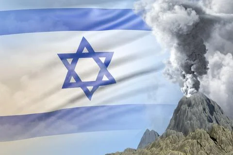 Conical volcano blast eruption at day time with white smoke on Israel flag Stock Illustration