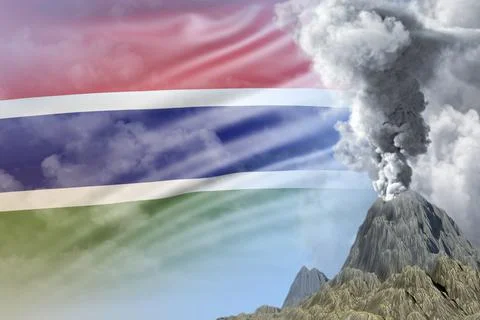 Conical volcano blast eruption at day time with white smoke on Gambia flag Stock Illustration