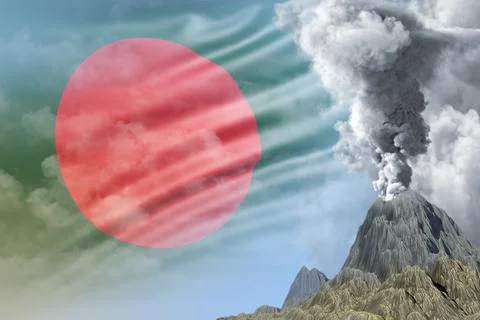 Conical volcano blast eruption at day time with white smoke on Bangladesh flag Stock Illustration