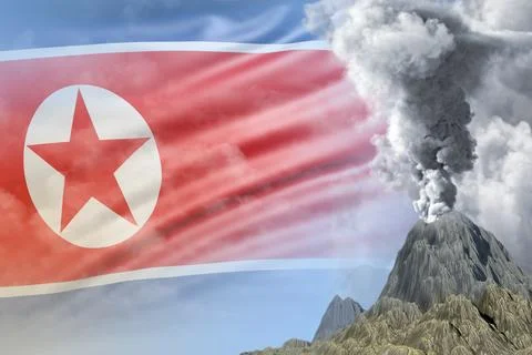 Conical volcano blast eruption at day time with white smoke on North Korea Stock Illustration