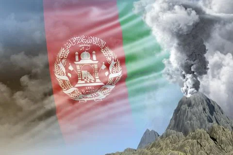 Conical volcano blast eruption at day time with white smoke on Afghanistan Stock Illustration