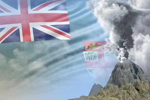 Conical volcano blast eruption at day time with white smoke on Fiji flag Stock Illustration