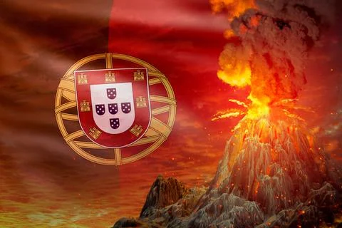 Conical volcano blast eruption at night with explosion on Portugal flag Stock Illustration
