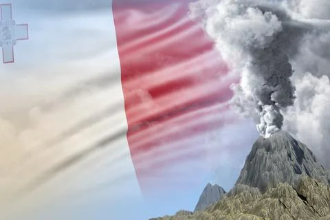 Conical volcano eruption at day time with white smoke on Malta flag background Illustrazione stock