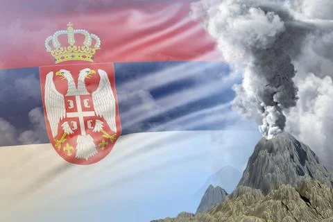 Conical volcano eruption at day time with white smoke on Serbia flag background Stock Illustration