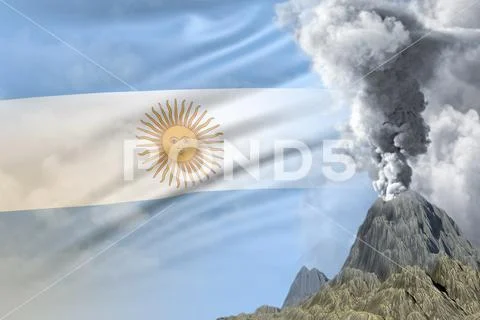 Conical volcano eruption at day time with white smoke on Argentina flag ...