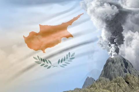 Conical volcano eruption at day time with white smoke on Cyprus flag background 스톡 일러스트