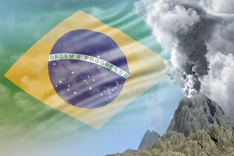 Conical volcano eruption at day time with white smoke on Brazil flag background 스톡 일러스트