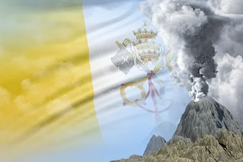 Conical volcano eruption on Holy See flag Stock Illustration