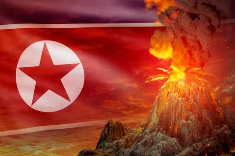 Conical volcano eruption at night with explosion on North Korea flag background 스톡 일러스트