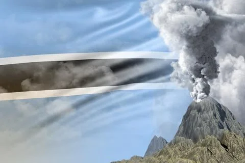 Conical volcano eruption with smoke on Botswana flag ual Stock Illustration