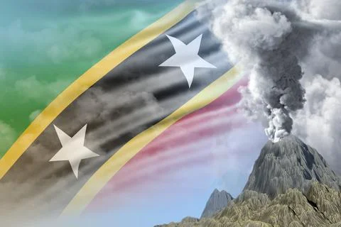 Conical volcano eruption with smoke on Saint Kitts and Nevis flag Stock Illustration