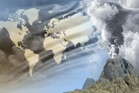 Conical volcano eruption with smoke on World flag Stock Illustration
